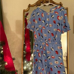 LOFT Blue Dress with Red and White Floral Pattern